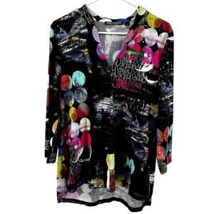 Snoskins Retro Print Blouse Top Unlined V Neck Lightweight Black Large